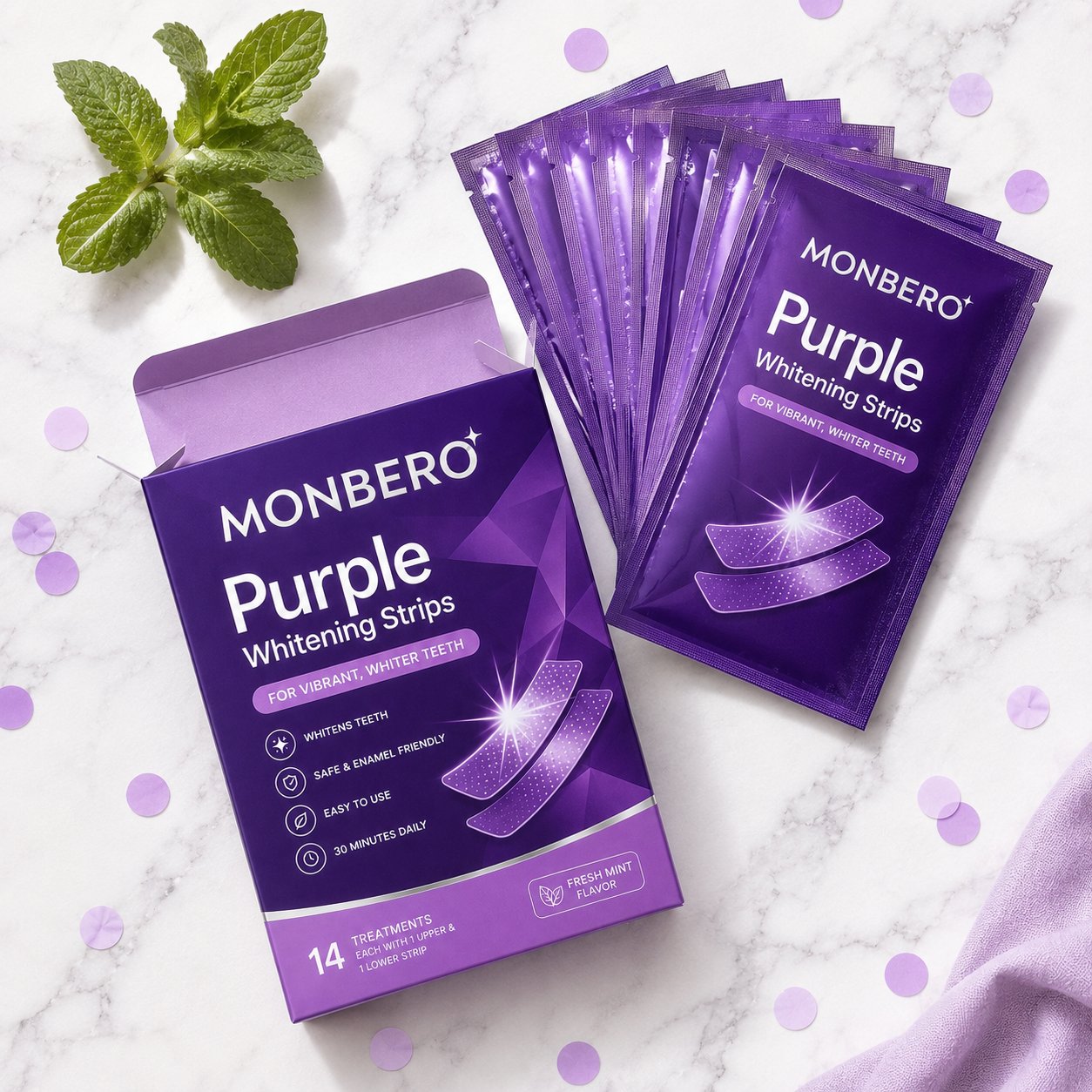 Monbero Purple Whitening Strips lifestyle flat lay